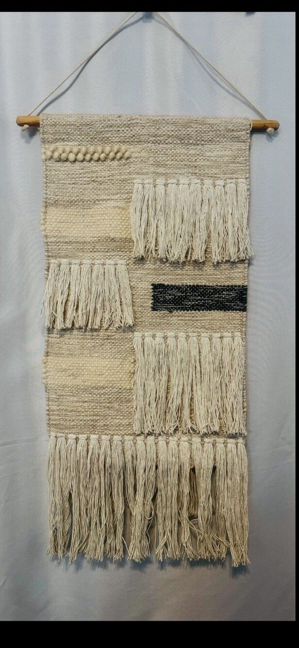 Handmade Woven Wall Hanging with Fringe and Neutral Colors